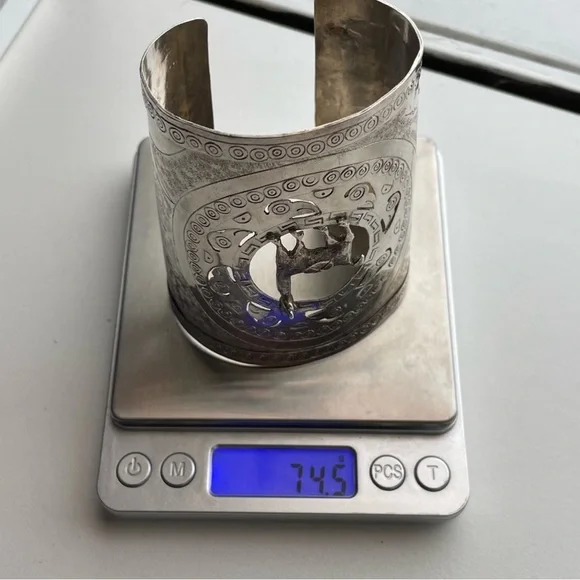 Vintage Sterling Silver Ethnic Lama Alpaca Etched Wide Bangle Boho Cuff